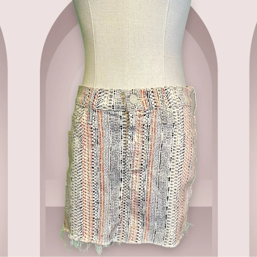 NWT MOTHER Denim ‘Straight Mini Fray’ Denim Skirt in “Mandarin” Orange Dot Print